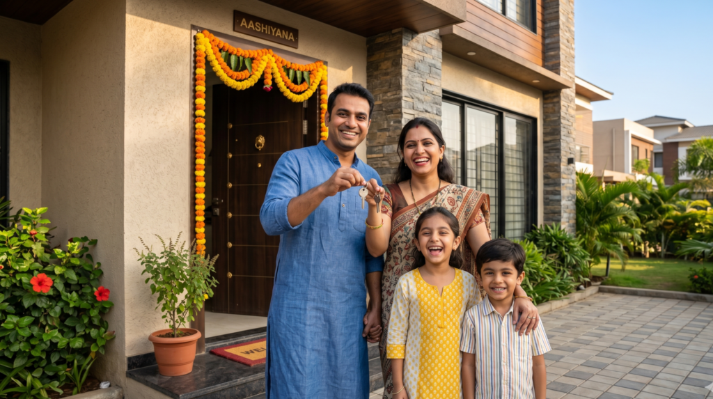 Home loan in India 2026 — Indian family at new home with keys